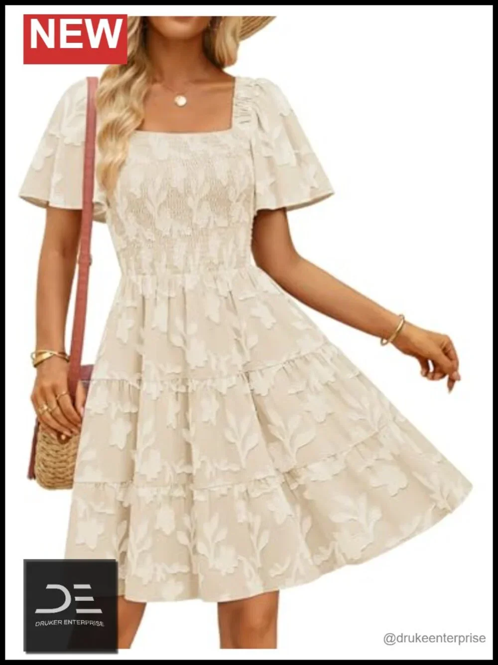 Boho Floral Mini Dress Short Sleeve Square Neck Smocked A-Line Swing Sundress